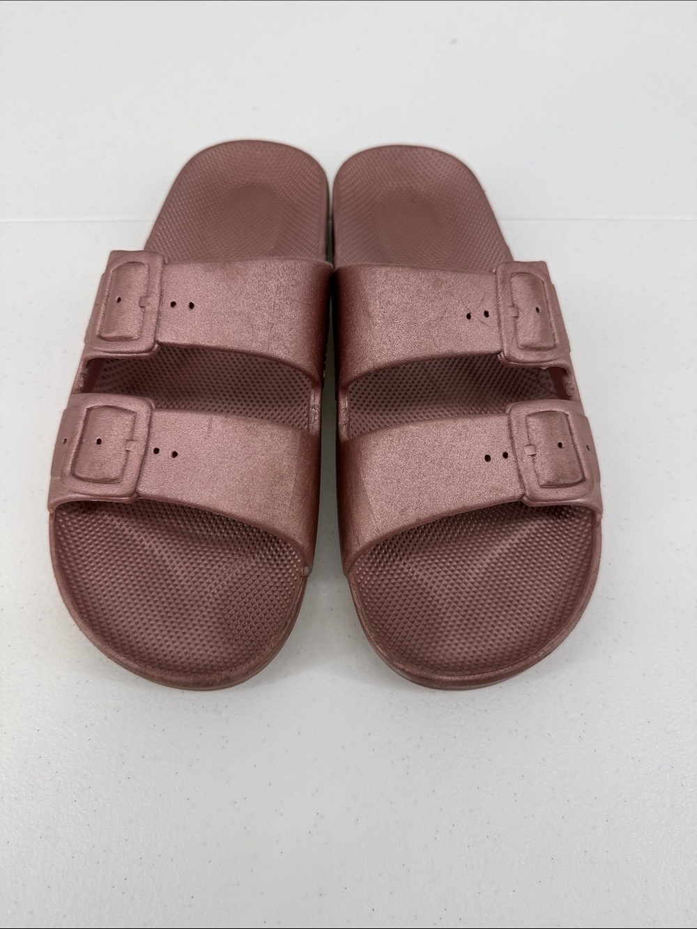 Freedom Moses Rose Metallic Double Buckle Slide Sandals